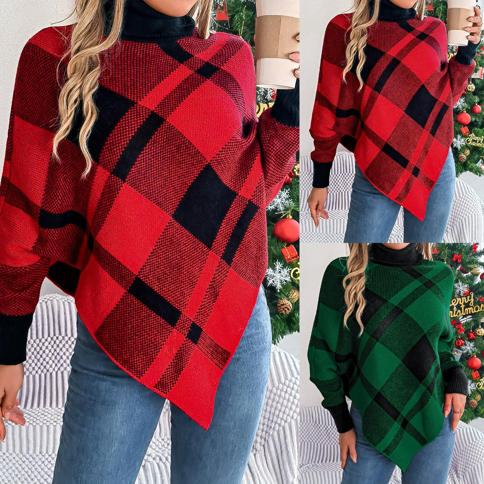 Christmas Plaid Color Block Turtleneck Long Sleeve Poncho Sweater