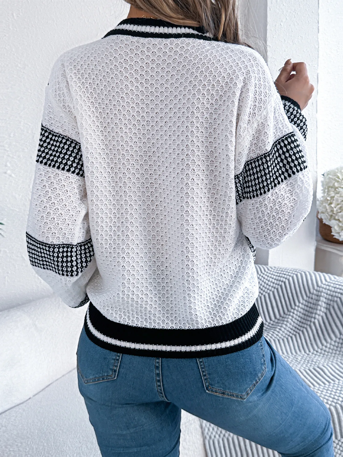 Striped V-Neck Lantern Sleeve Sweater