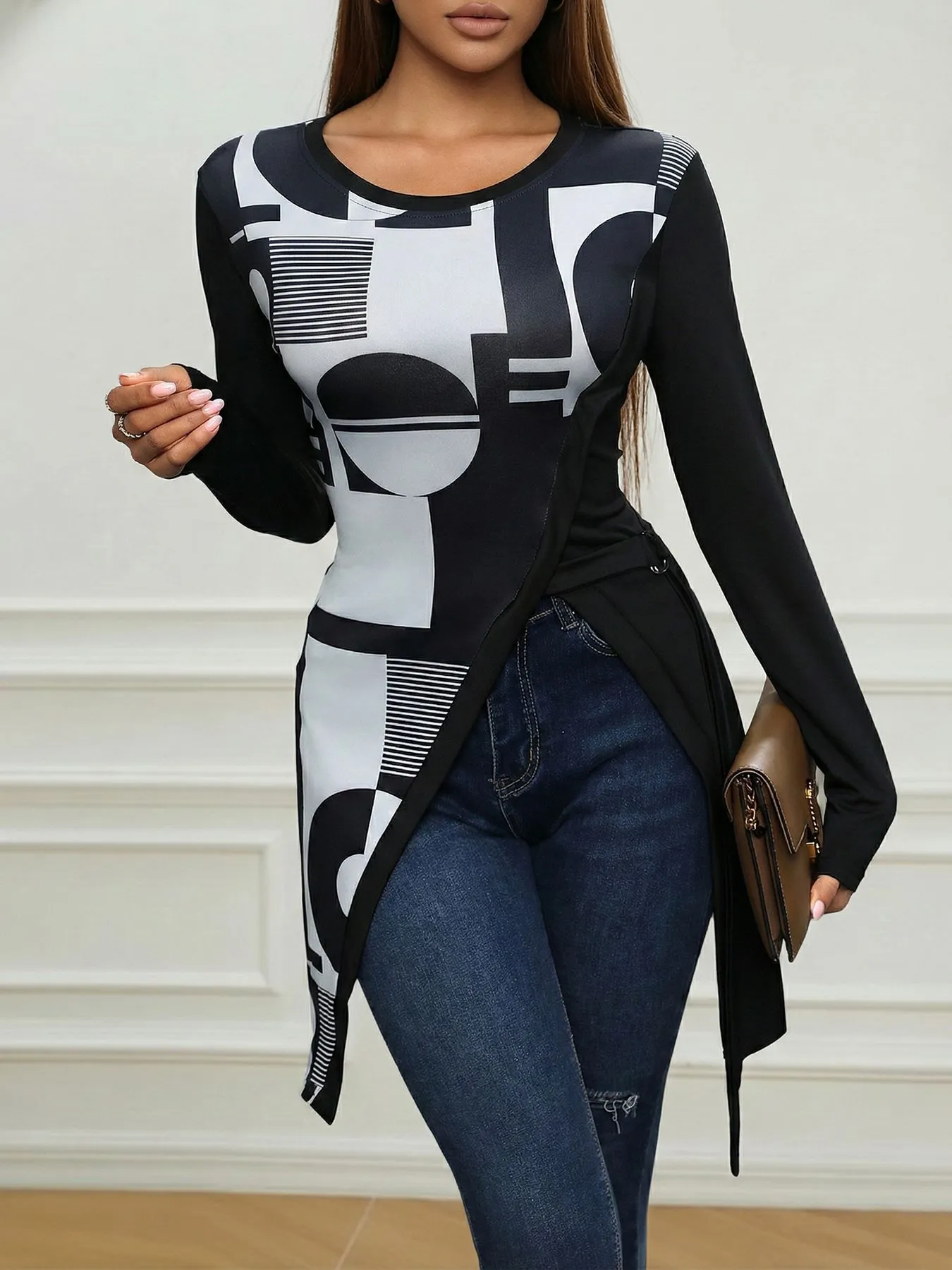 African Geometric Color Block Crew Neck Slim Fit Top