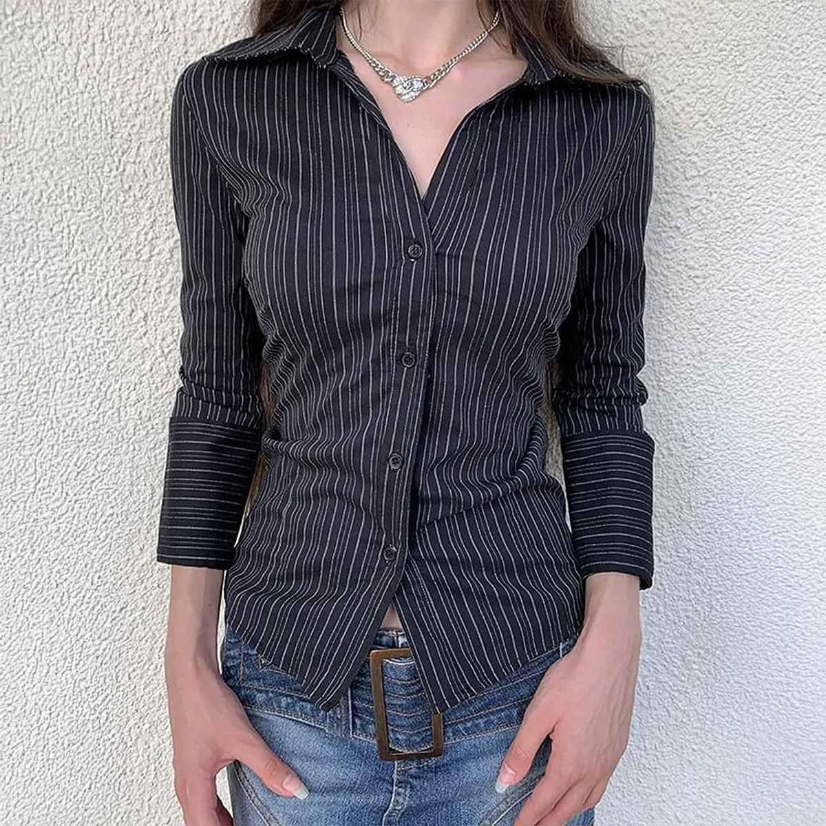 Slim Fit Black & White Striped Long Sleeve Shirt