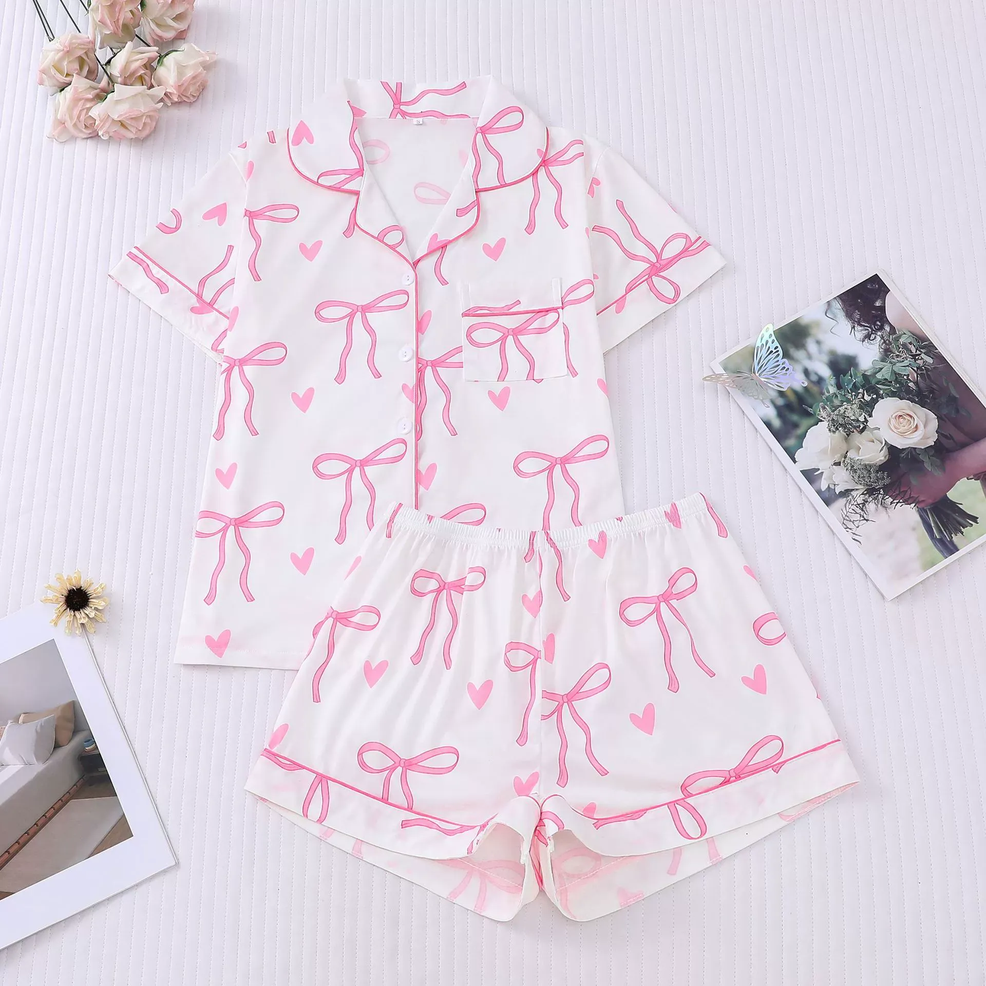 Bow Print Collared Pajama Shorts Set