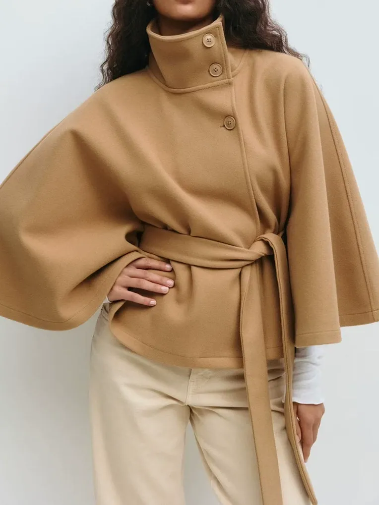 European and American Style Solid Color Cape Trench Coat with Belt