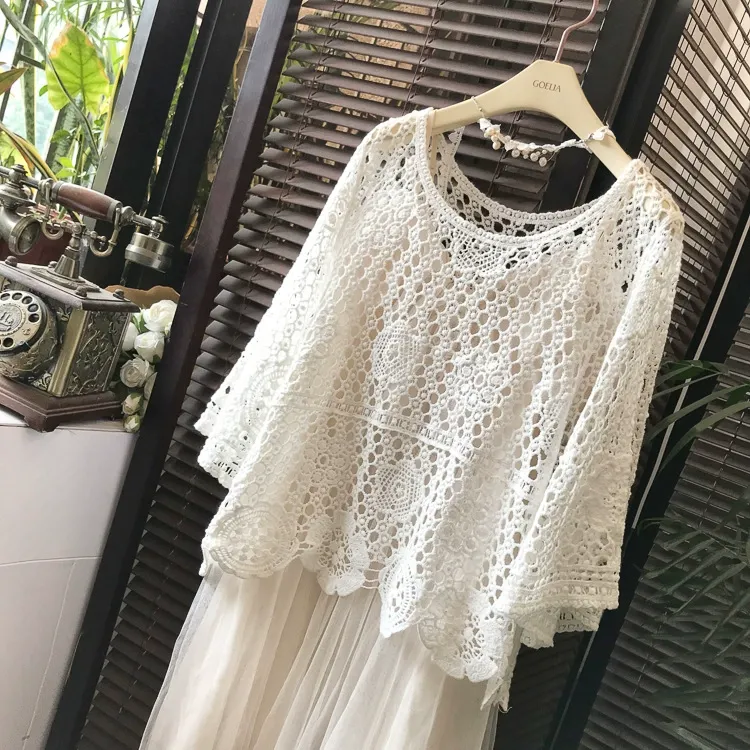Embroidered Lace Long Sleeve Beach Cover-Up