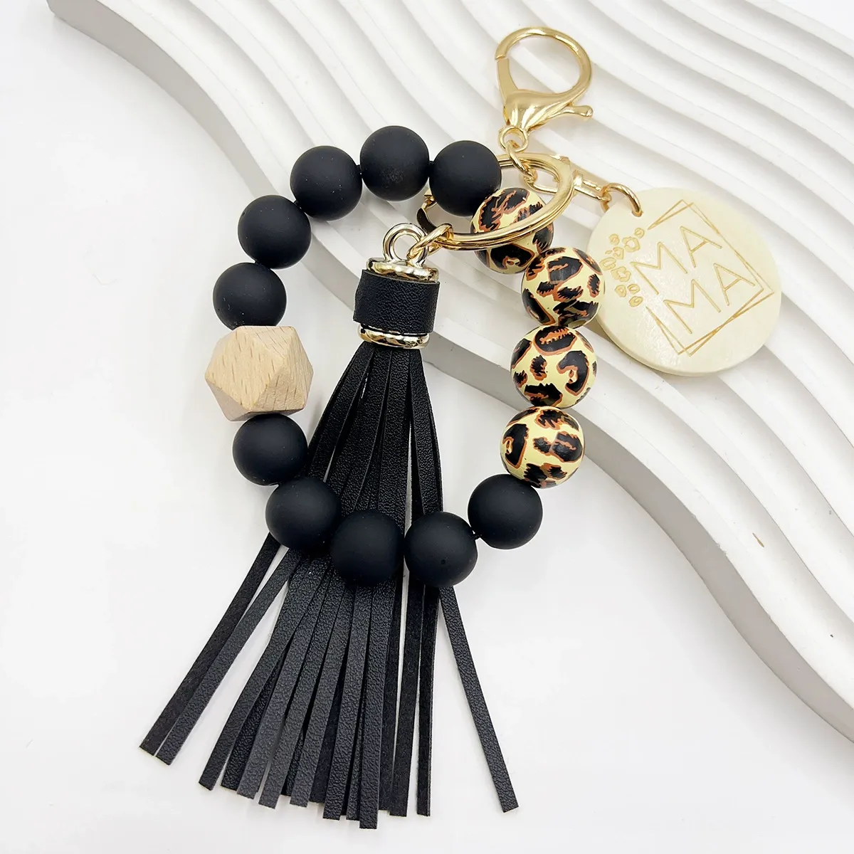 Silicone & Wood Bead MAMA Wristlet Keychain with Tassel