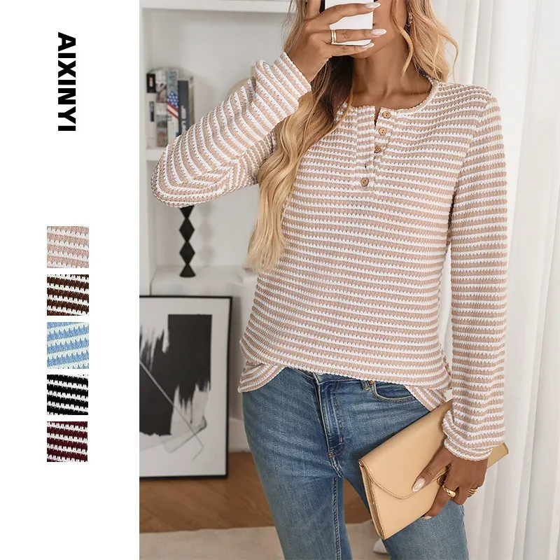 Casual Pineapple Knit Long Sleeve Button Crew Neck T-Shirt