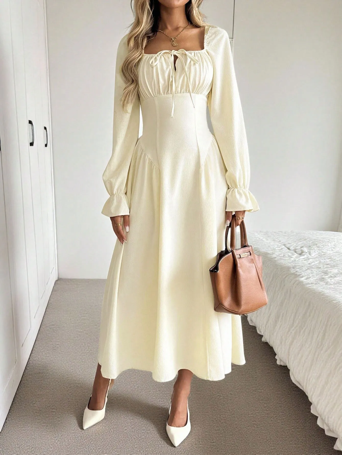 Square Neck Long Sleeve Ruched A-Line Dress