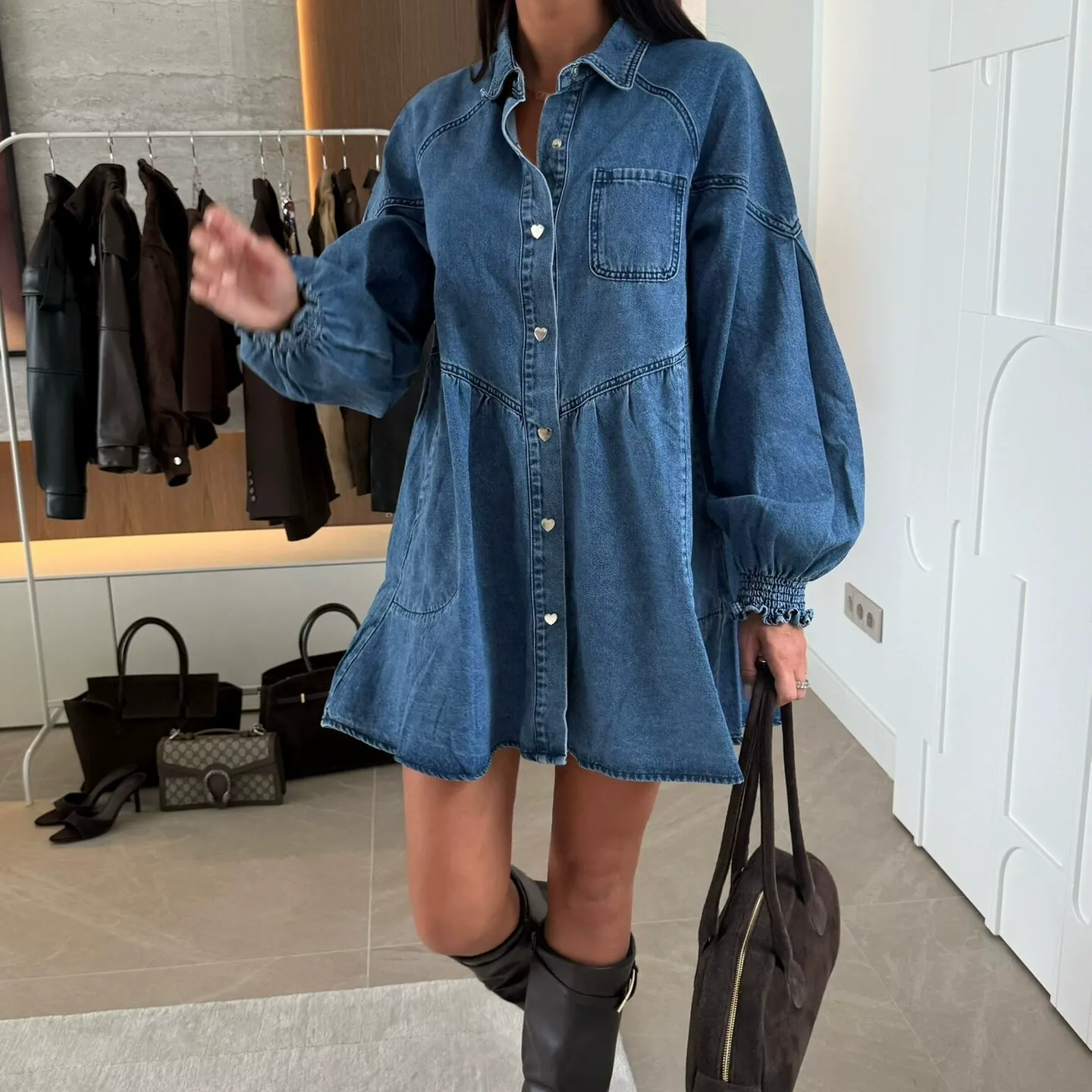 Denim Button-Up Long Sleeve Dress