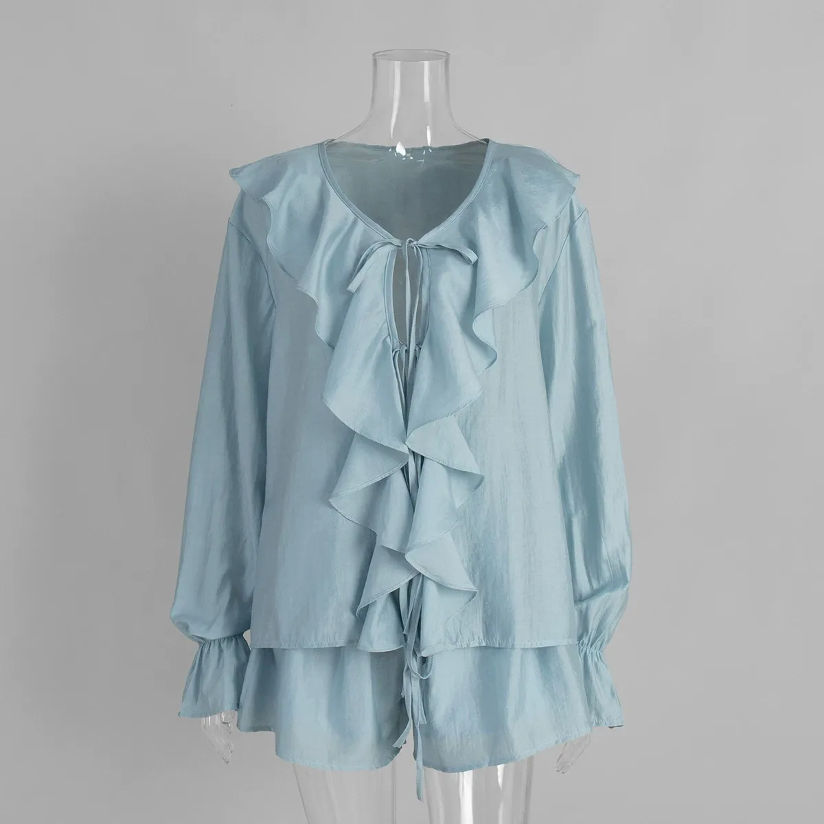 French V-Neck Ruffled Tie-Front Blouse & Shorts Set