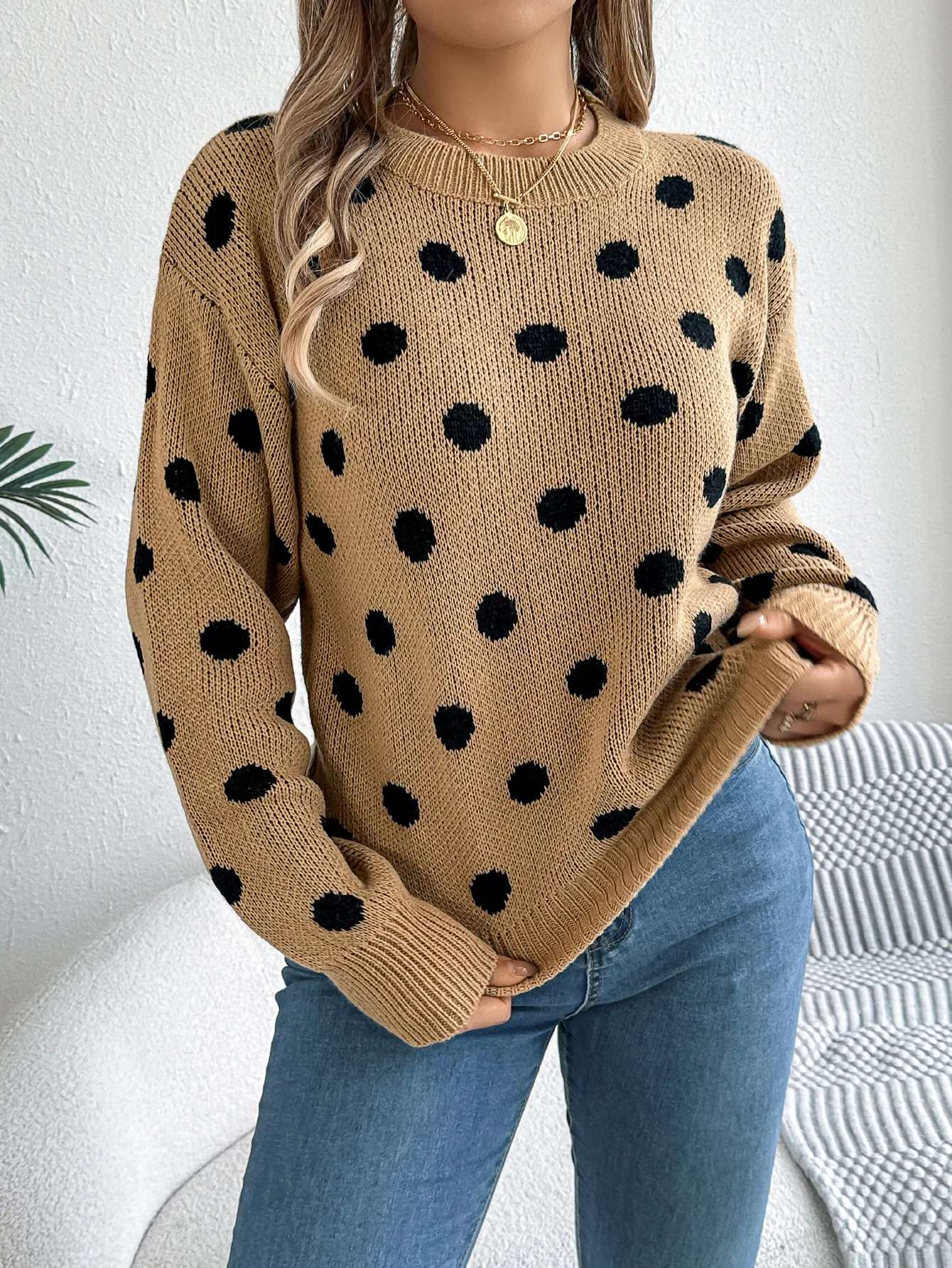 Long Sleeve Polka Dot Color Block Pullover Sweater
