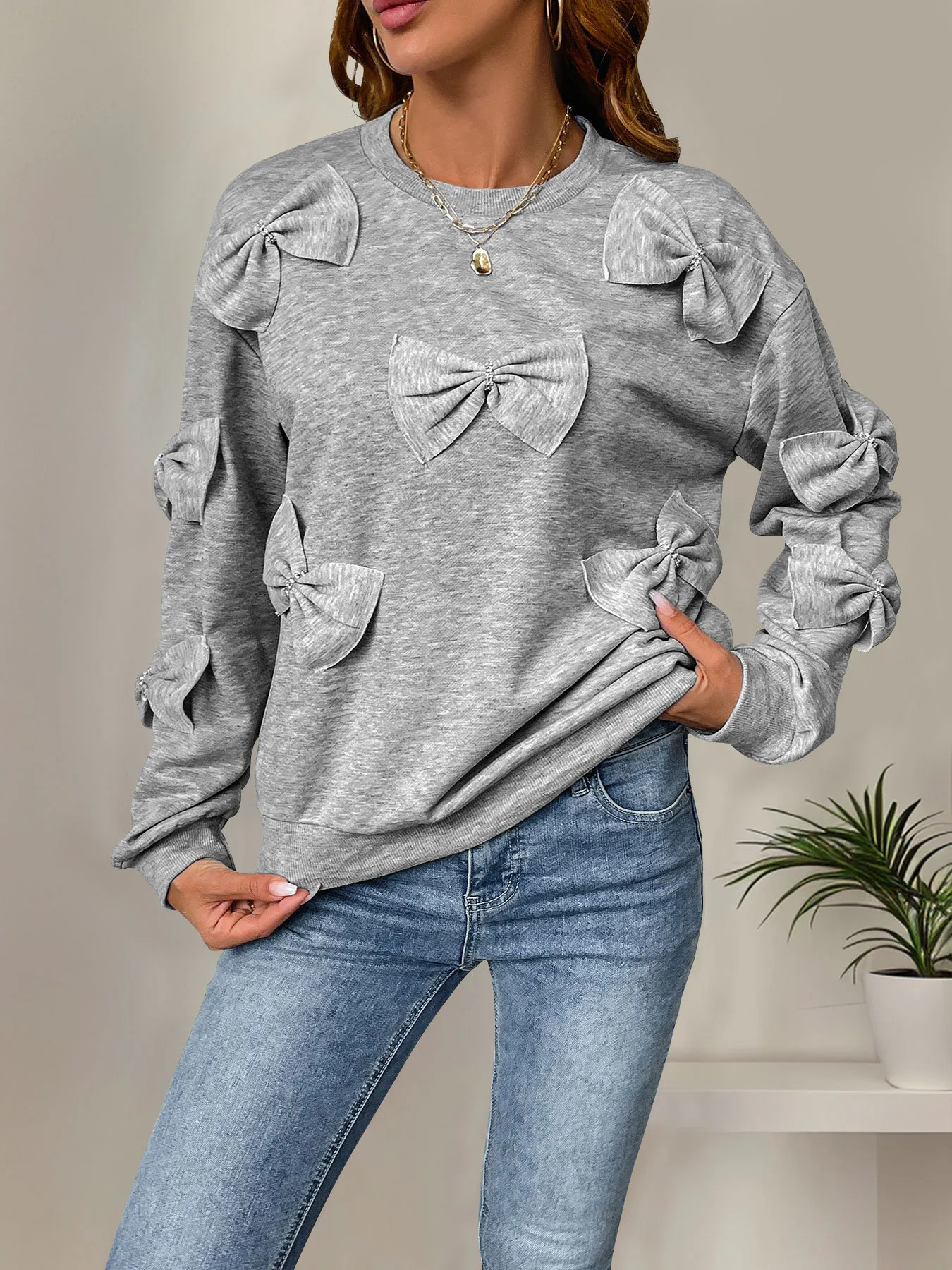Cute Casual Grey Bow Round Neck Sweatshirt