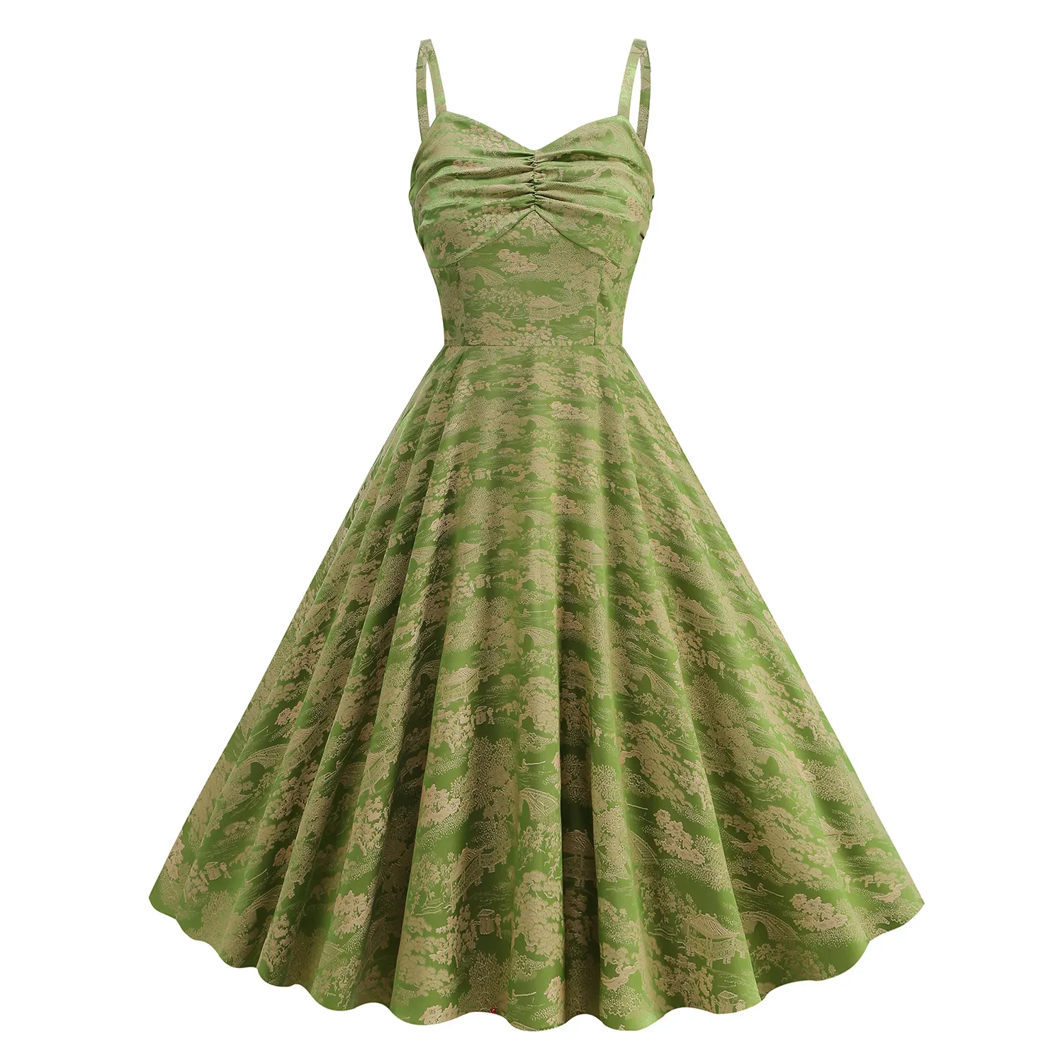Vintage Jacquard Spaghetti Strap A-Line Midi Dress