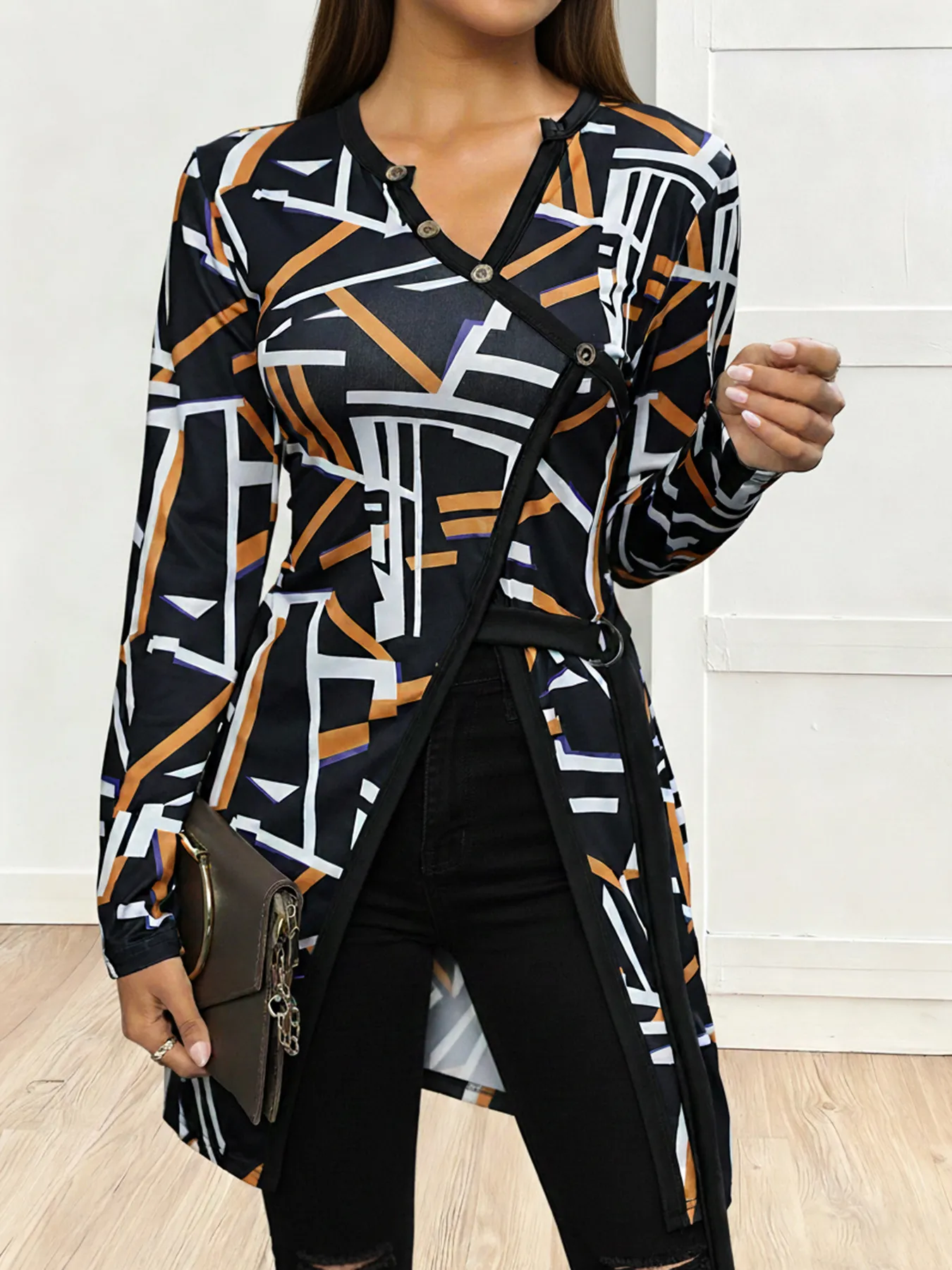 African Geometric Print V-Neck Asymmetric Top