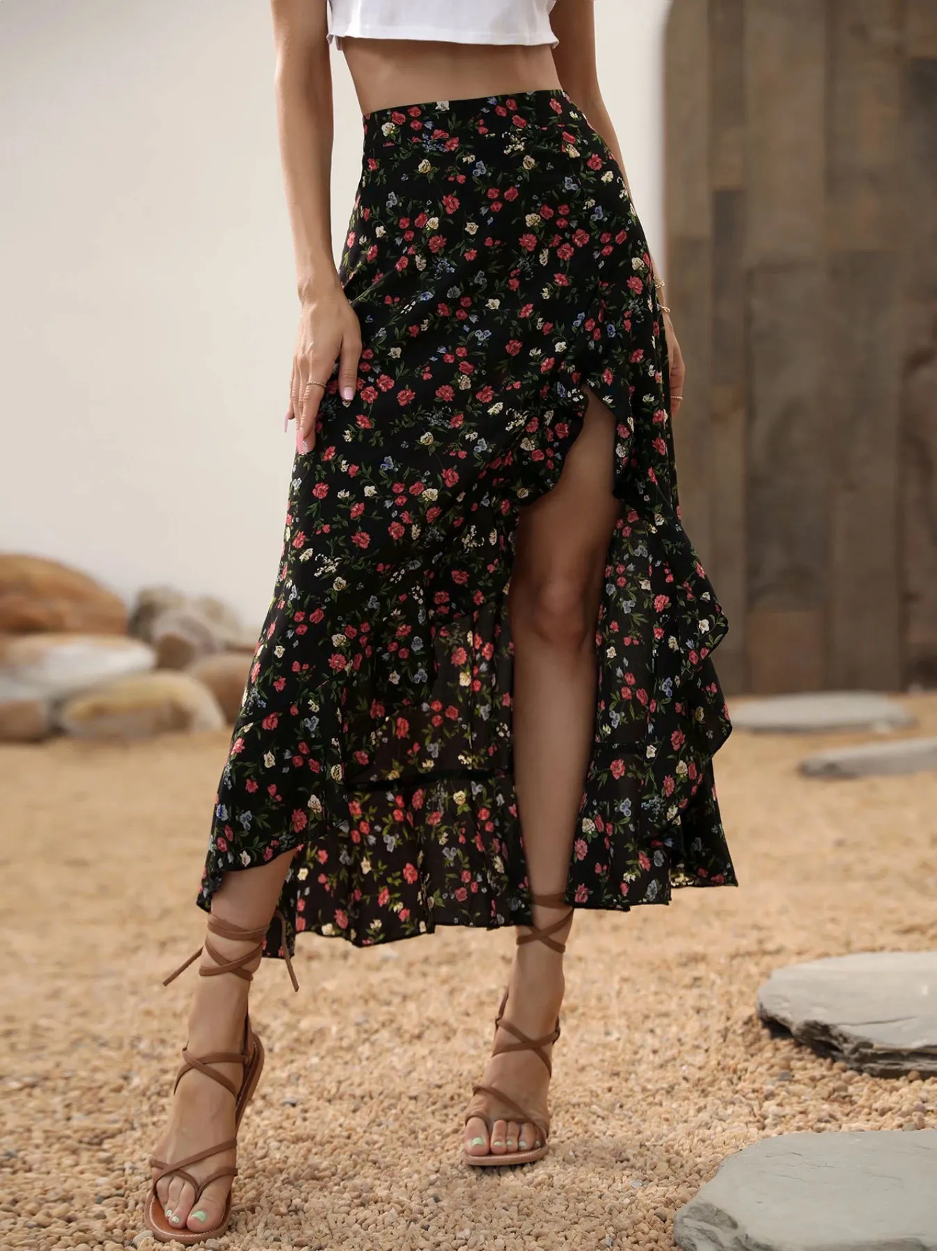 Floral High Waisted Ruffle Split Midi Skirt