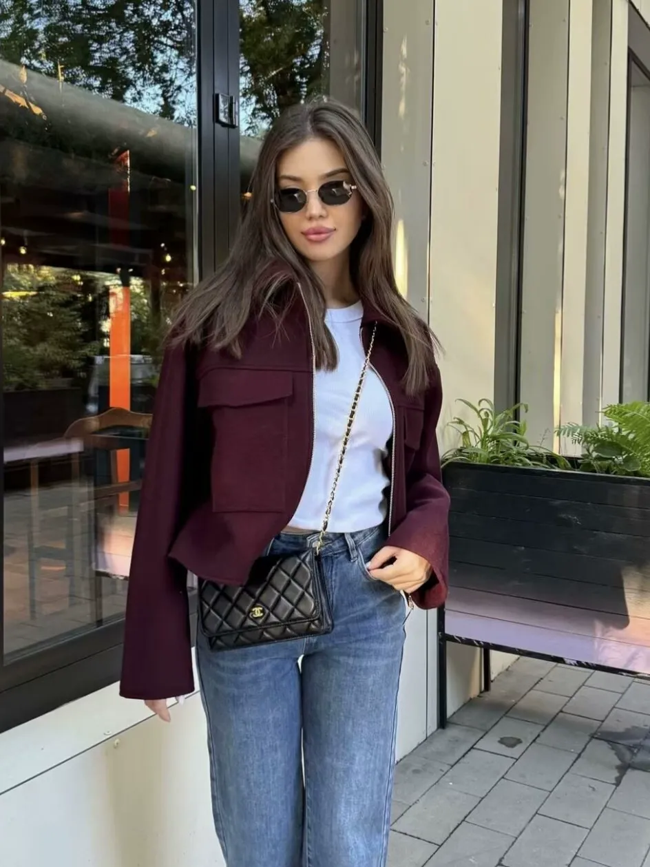 Burgundy Wool Blend Zip-Up Jacket with Large Pockets