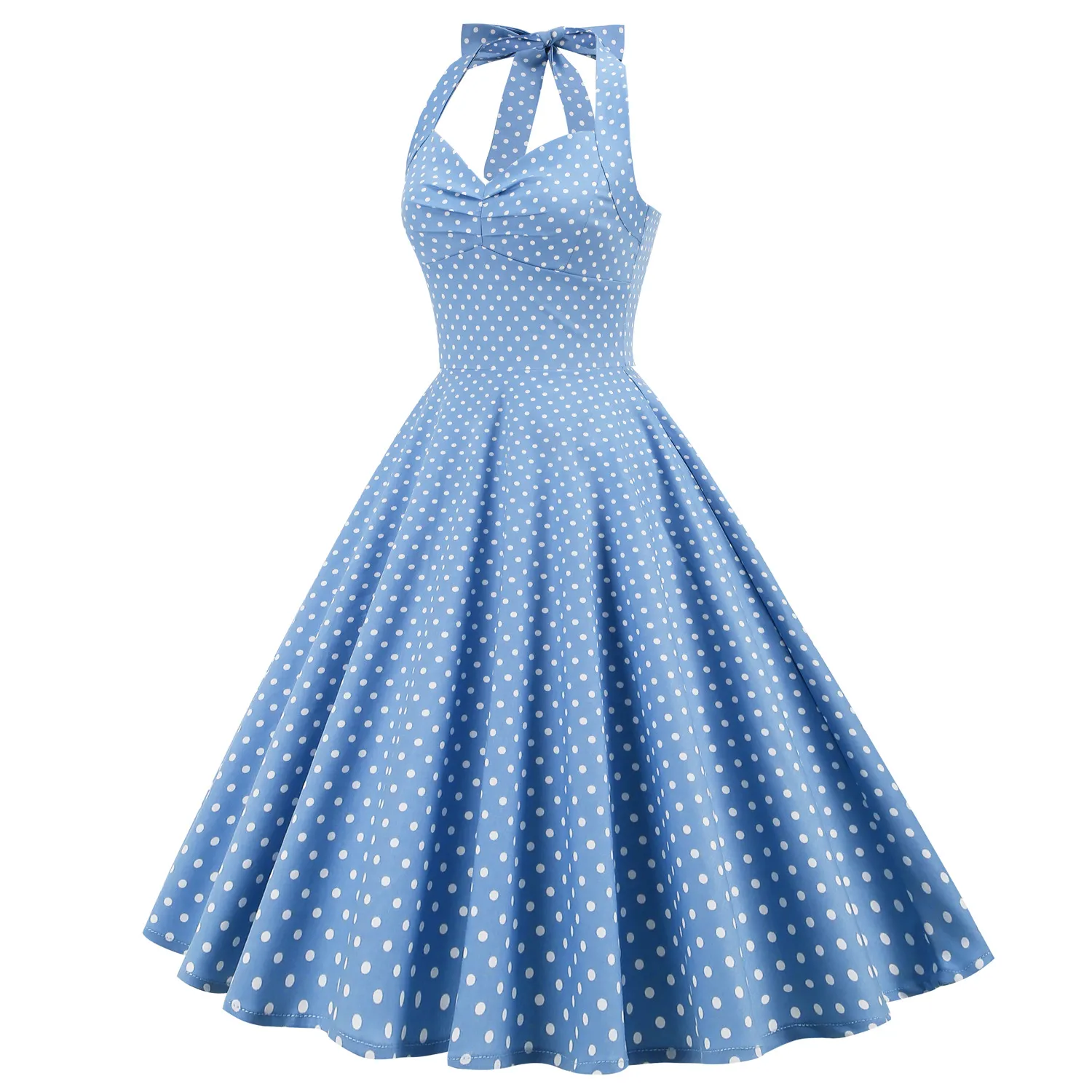 Vintage Polka Dot Halter Backless Fit and Flare Dress