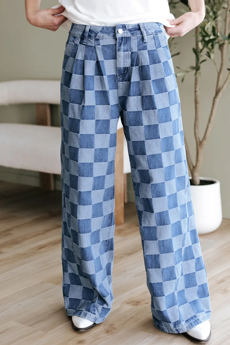 Loose Fit High-Waist Wide-Leg Checkerboard Print Jeans