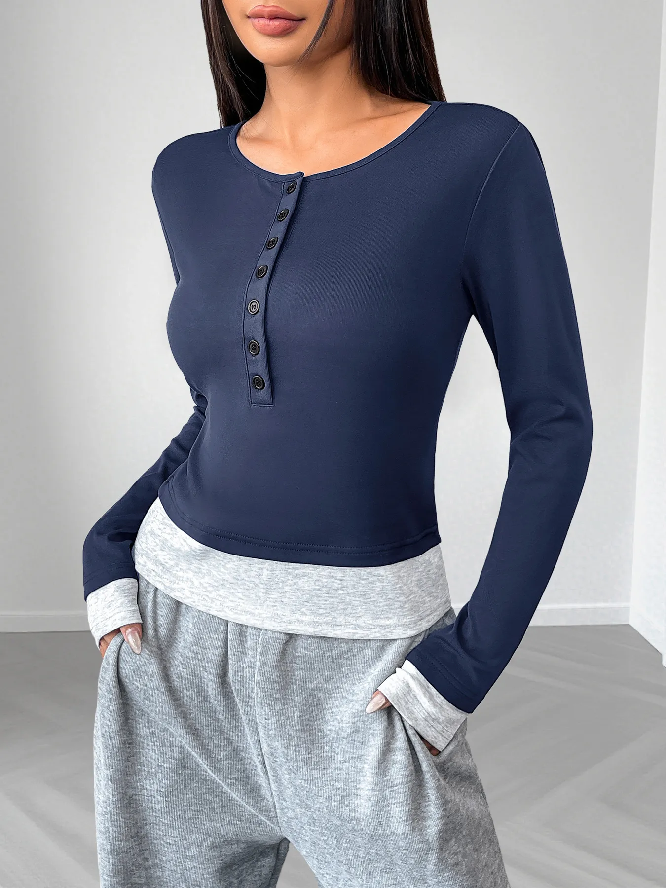 Casual Color Block Crew Neck Mock 2-Piece Long Sleeve Top