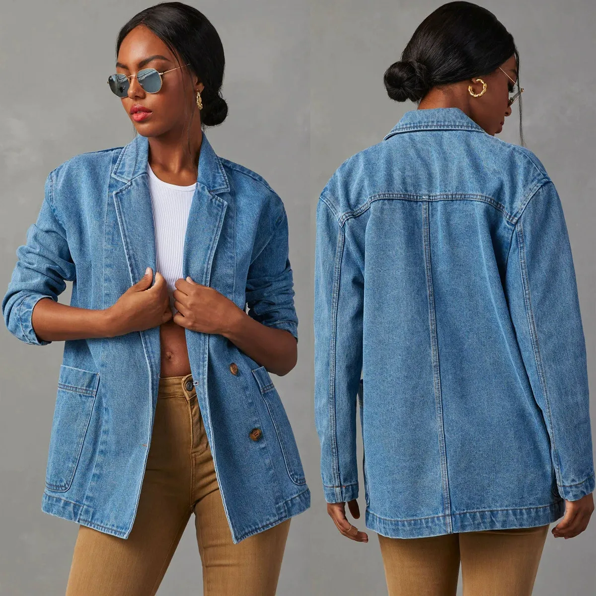 Casual Washed Blue Denim Blazer
