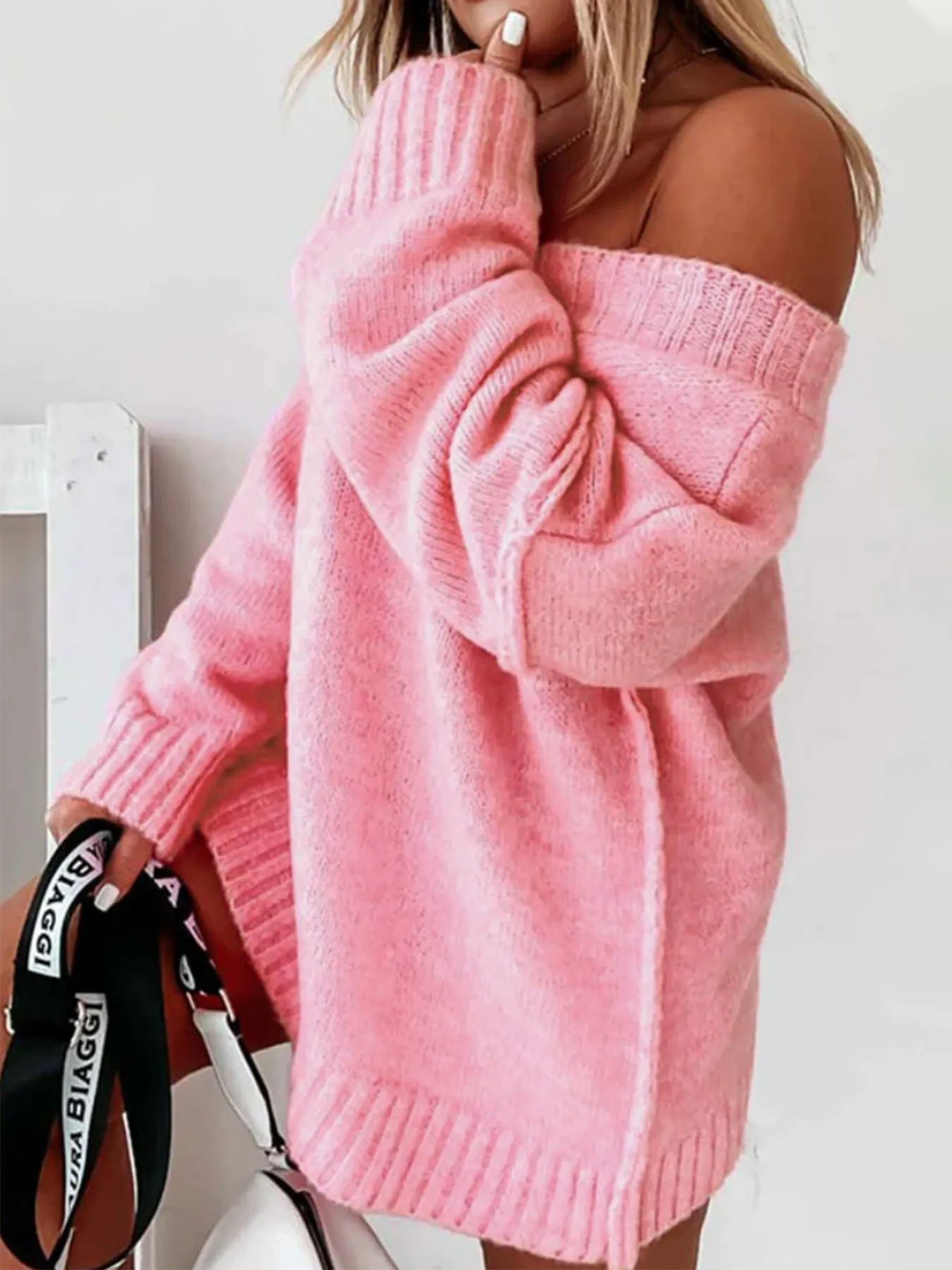 Pink Solid V-Neck Off-Shoulder Loose Fit Knit Pullover
