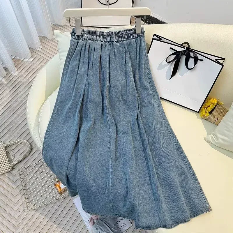 Vintage High-Waisted Self-Tie Pleated A-Line Denim Midi Skirt