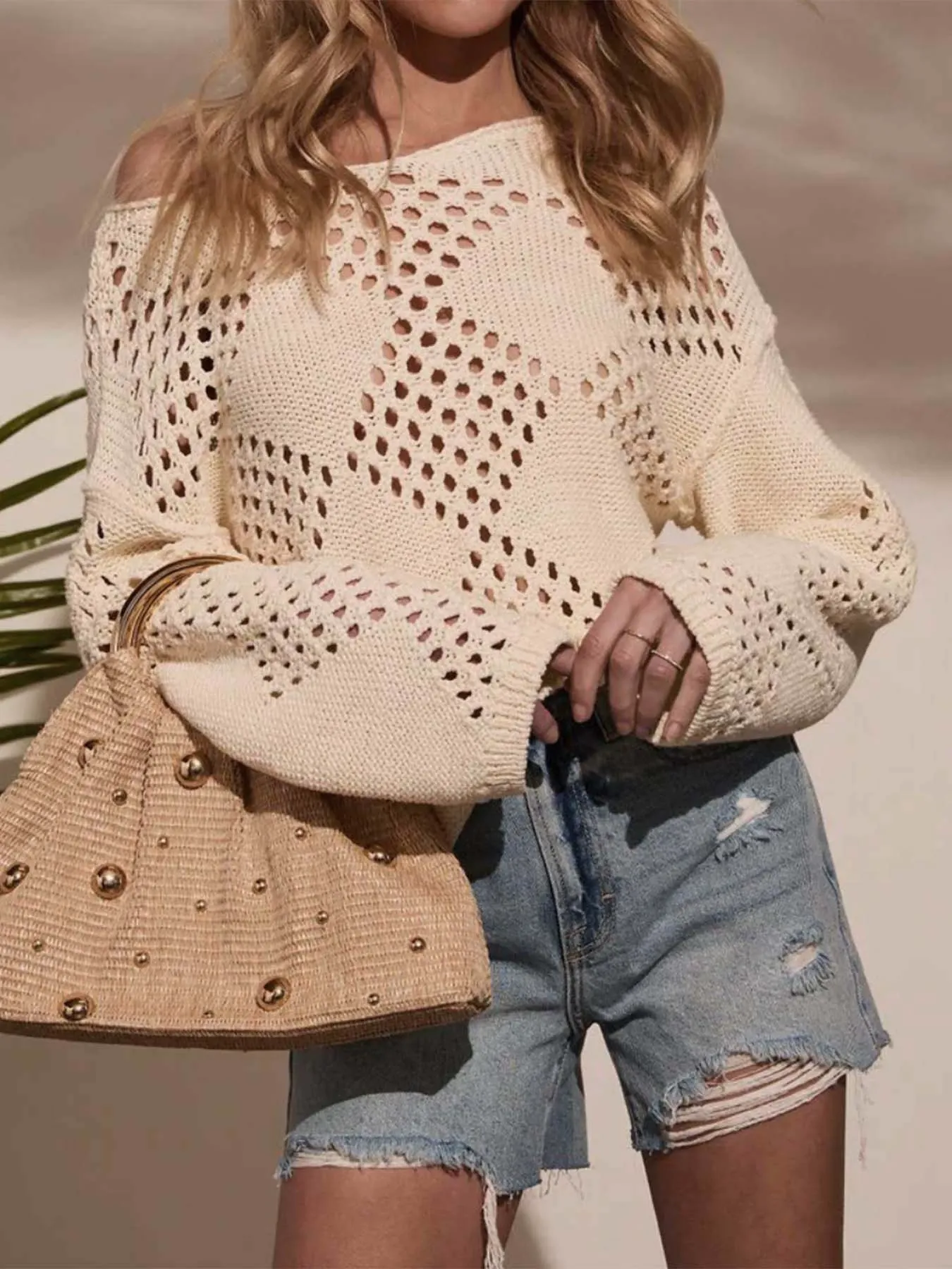 Long Sleeve Off-Shoulder Cutout Knit Sweater