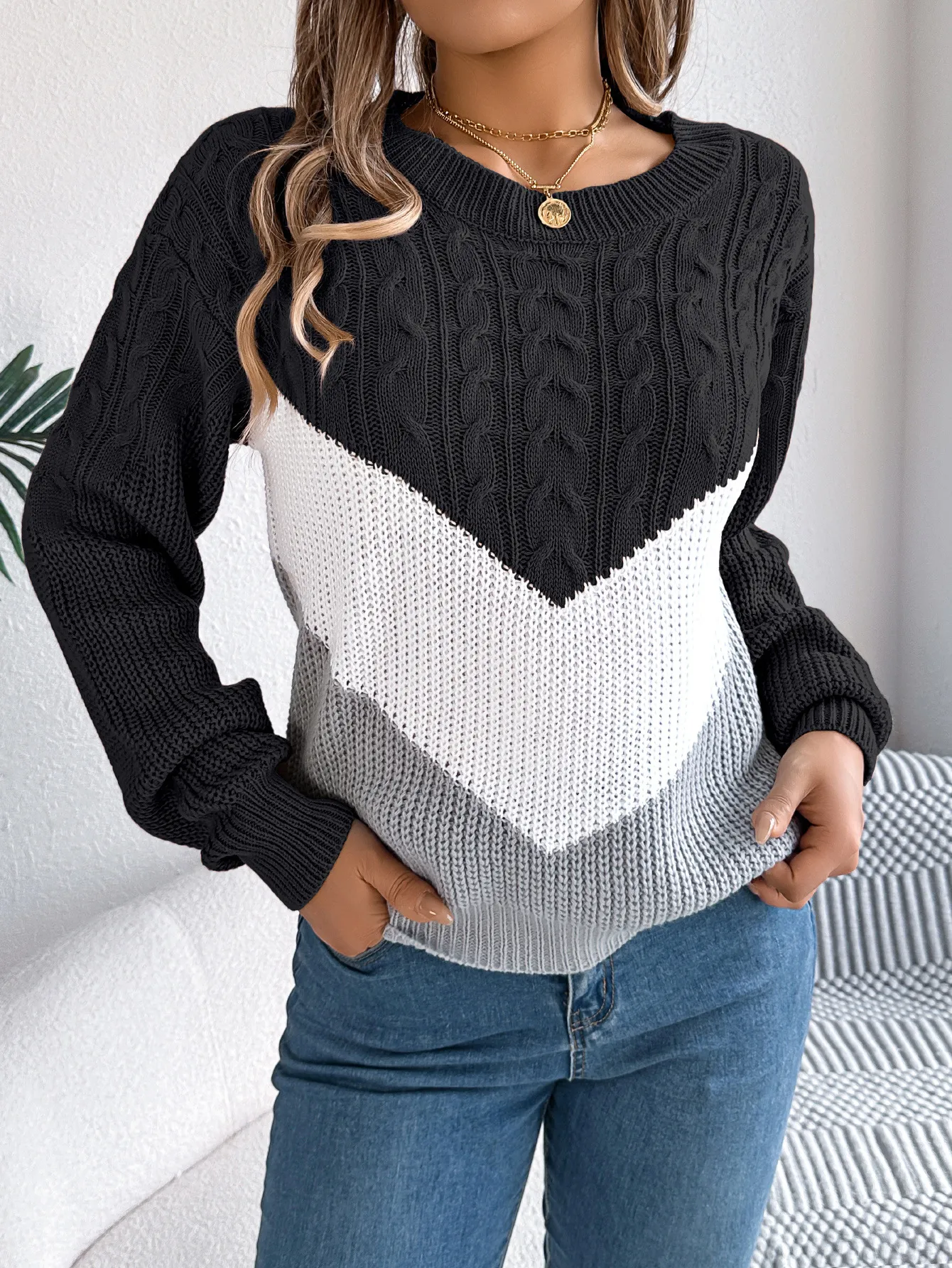 Casual Colorblock Cable Knit Lantern Sleeve Sweater
