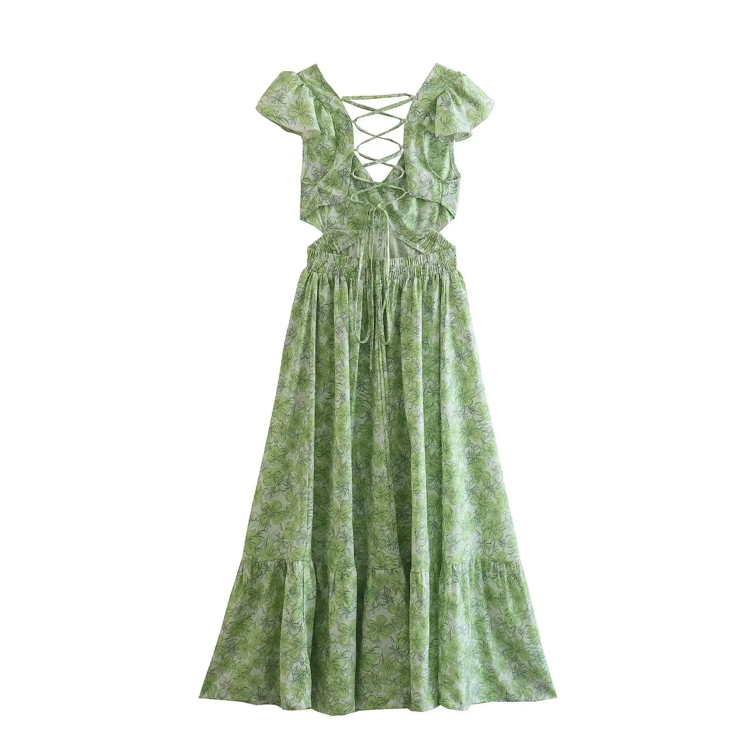 Green Print Slim Fit Short Sleeve Dress
