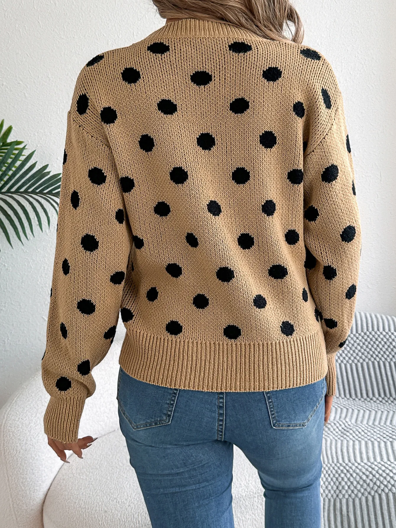 Long Sleeve Polka Dot Color Block Pullover Sweater