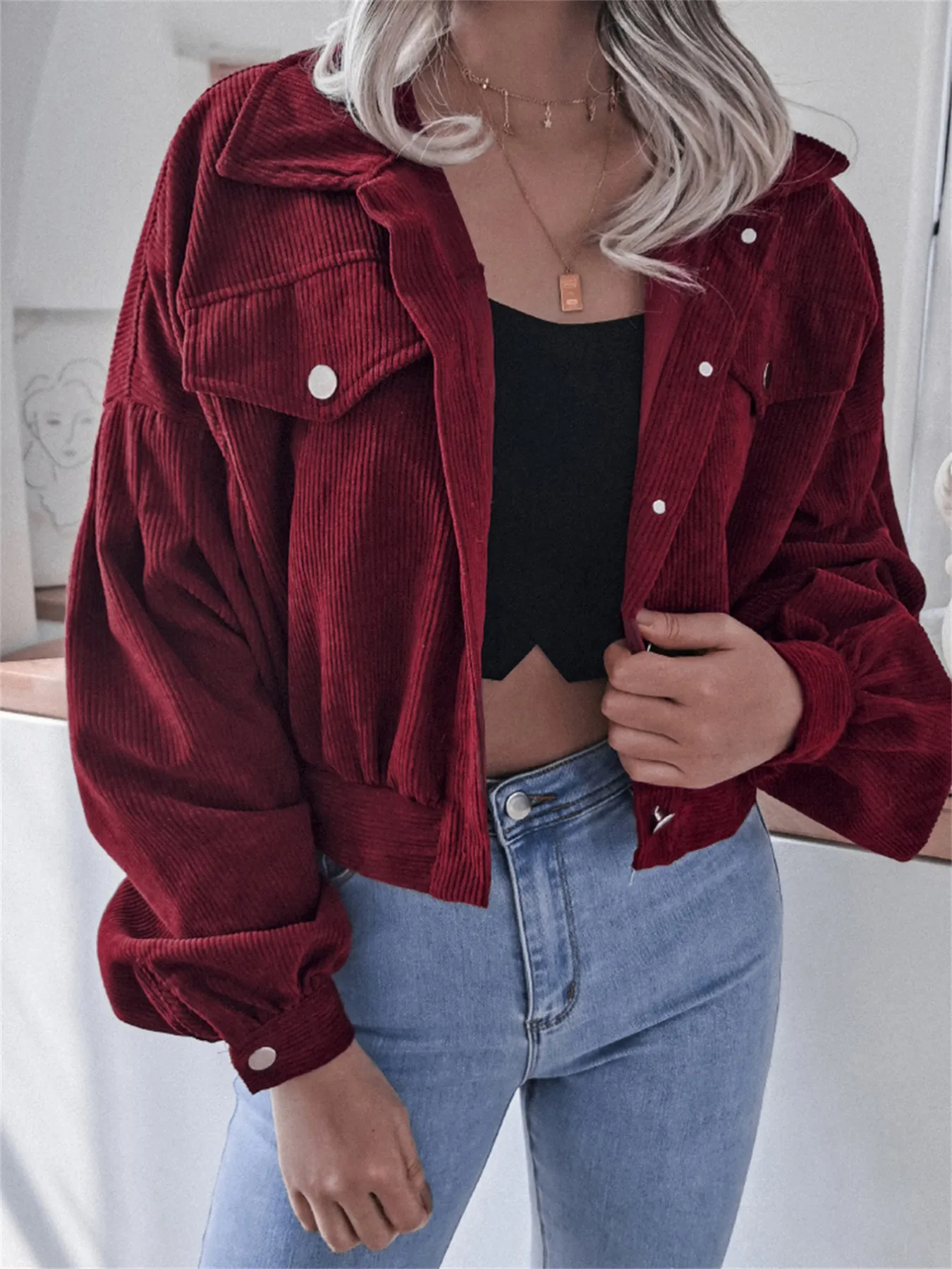 Casual Corduroy Lantern Sleeve Crop Jacket