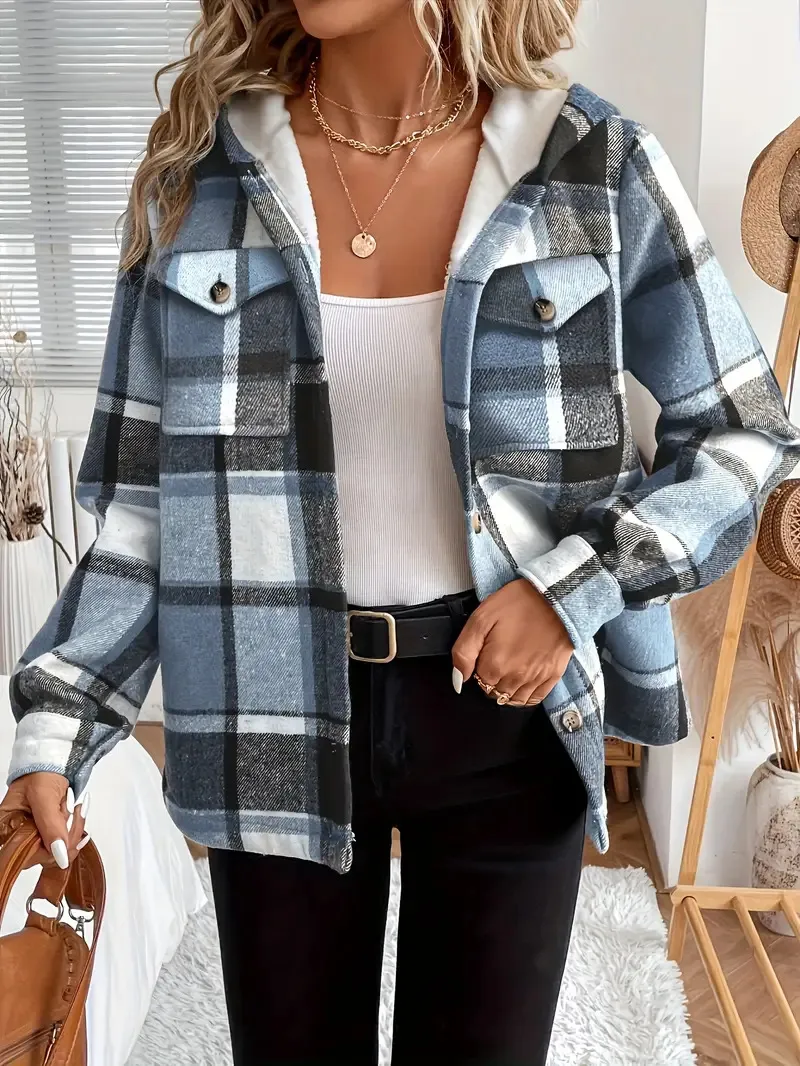 Casual Loose Fit Plaid Hooded Baseball Jacket