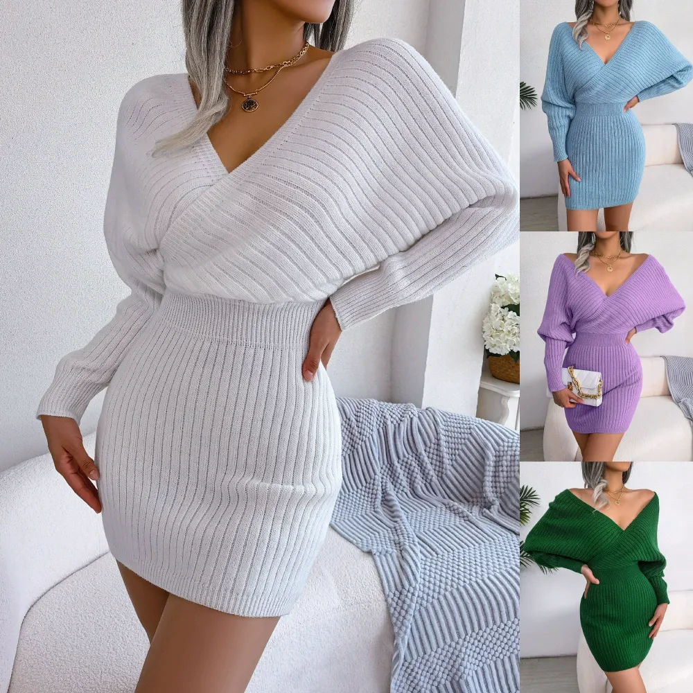 Batwing V-Neck Bodycon Sweater Dress