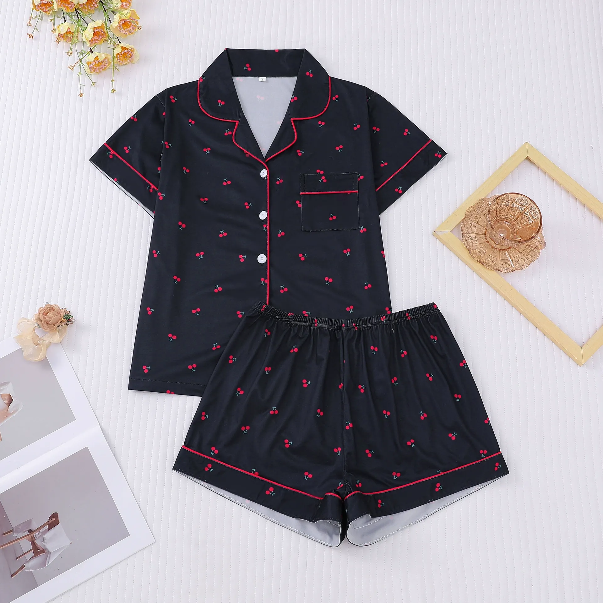 Cherry Print Collared Short Pajama Set