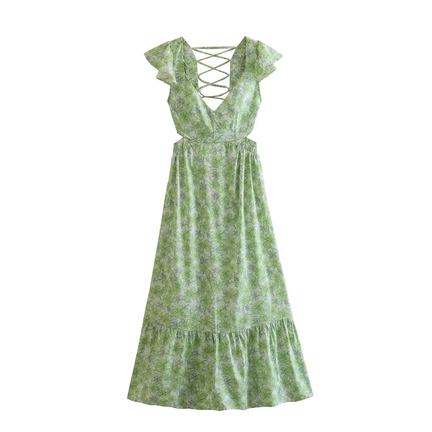 Green Print Slim Fit Short Sleeve Dress