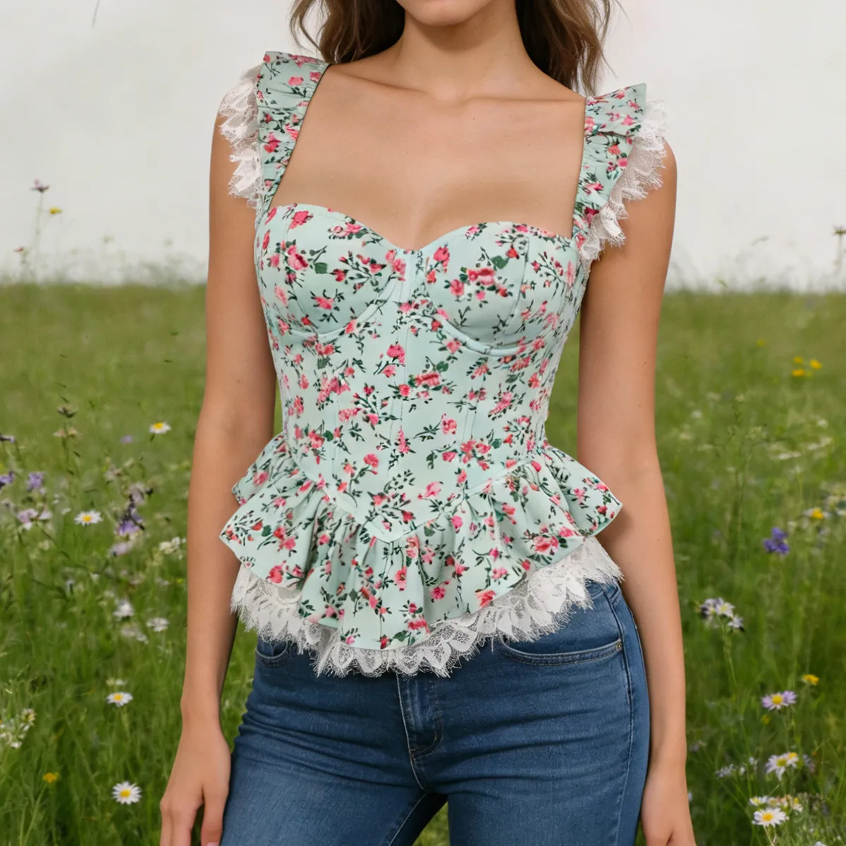 Lace-Up Lace Trim Boned Corset Top