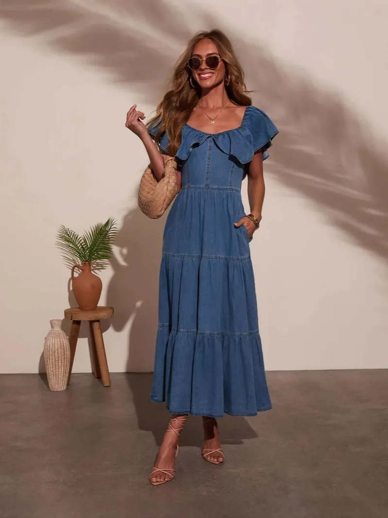 Ruffled Loose Denim Swing Dress