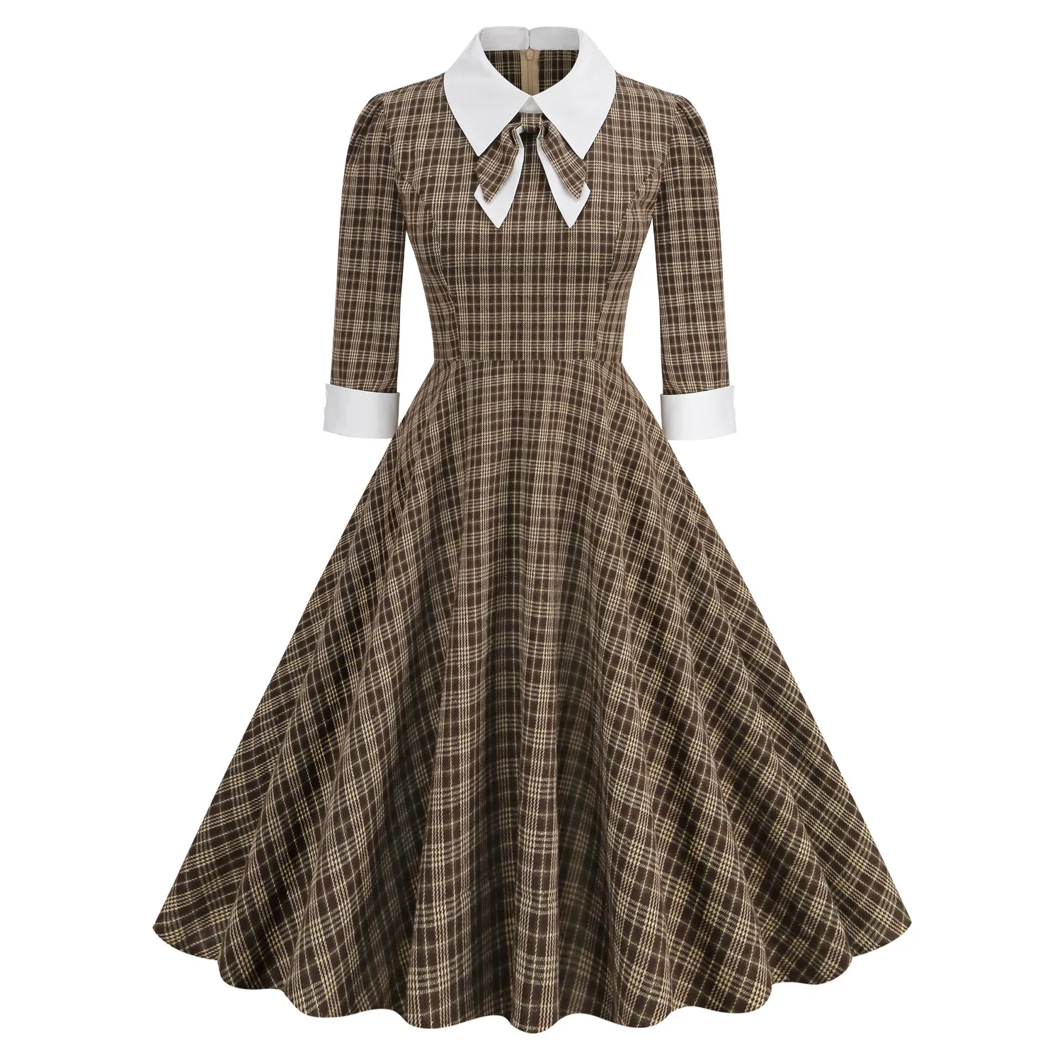 Vintage Plaid Long Sleeve Midi Dress with Contrast Bow Collar