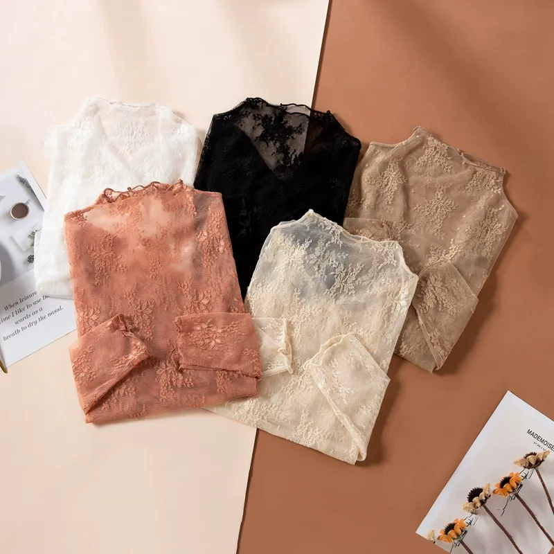 Hollow Out Long Sleeve Lace Mesh Blouse