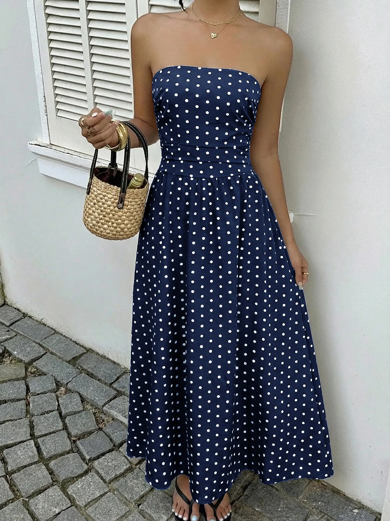 French Style Polka Dot Strapless Maxi Dress