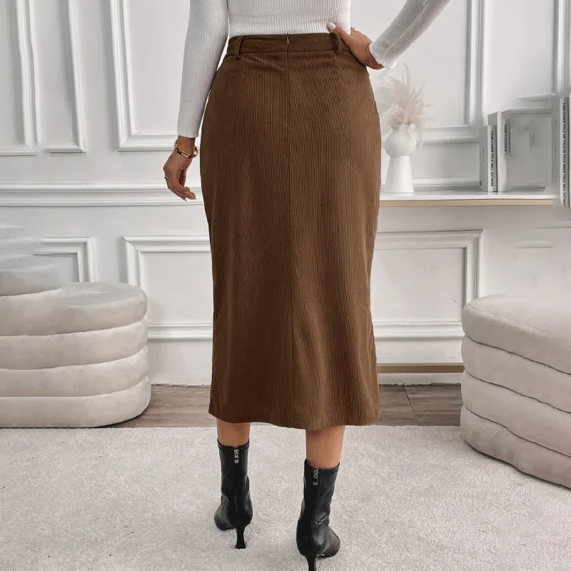 Elegant Vintage Corduroy Slit Skirt