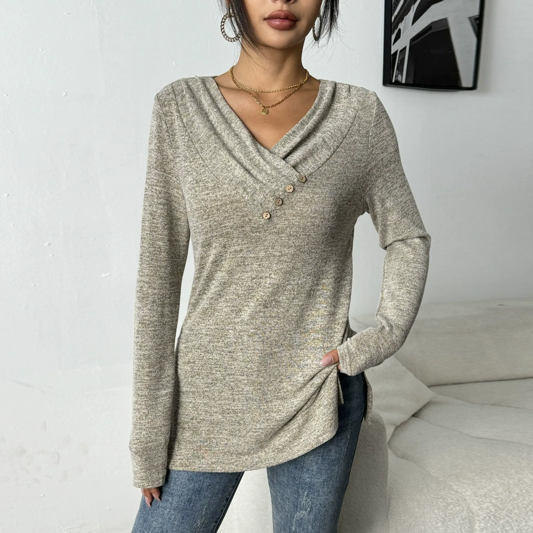 Brushed Long Sleeve V-Neck Button Top