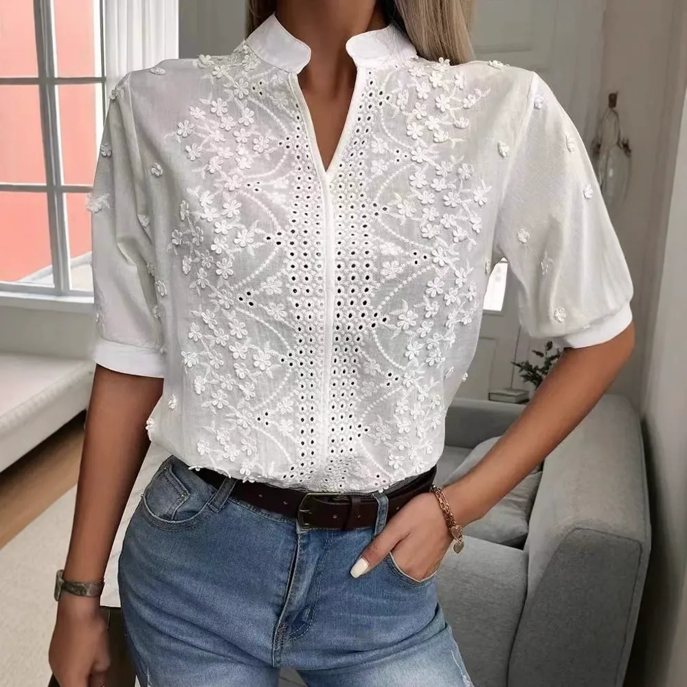 Embroidered Hollow Out Blouse