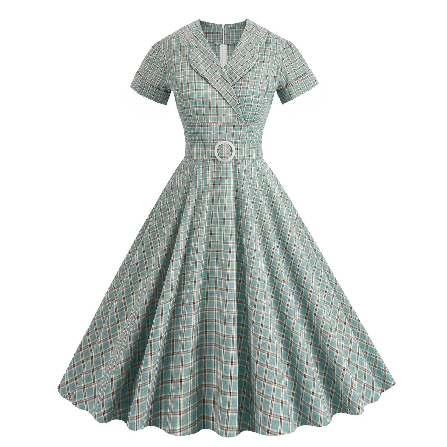 Vintage Plaid Lapel Belted Midi Dress