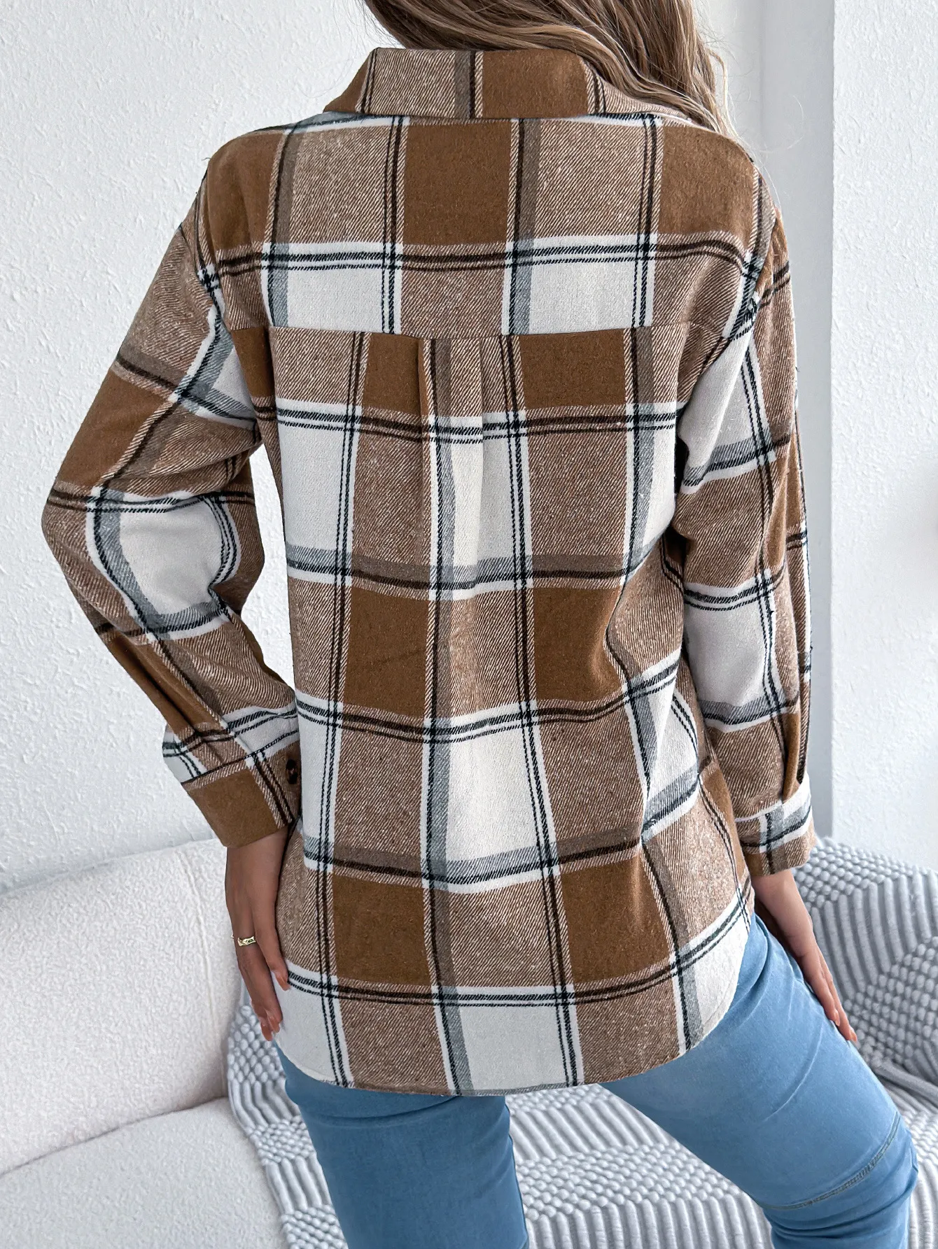 Casual Plaid Mid-Length Wool Blend Coat with Faux Pockets