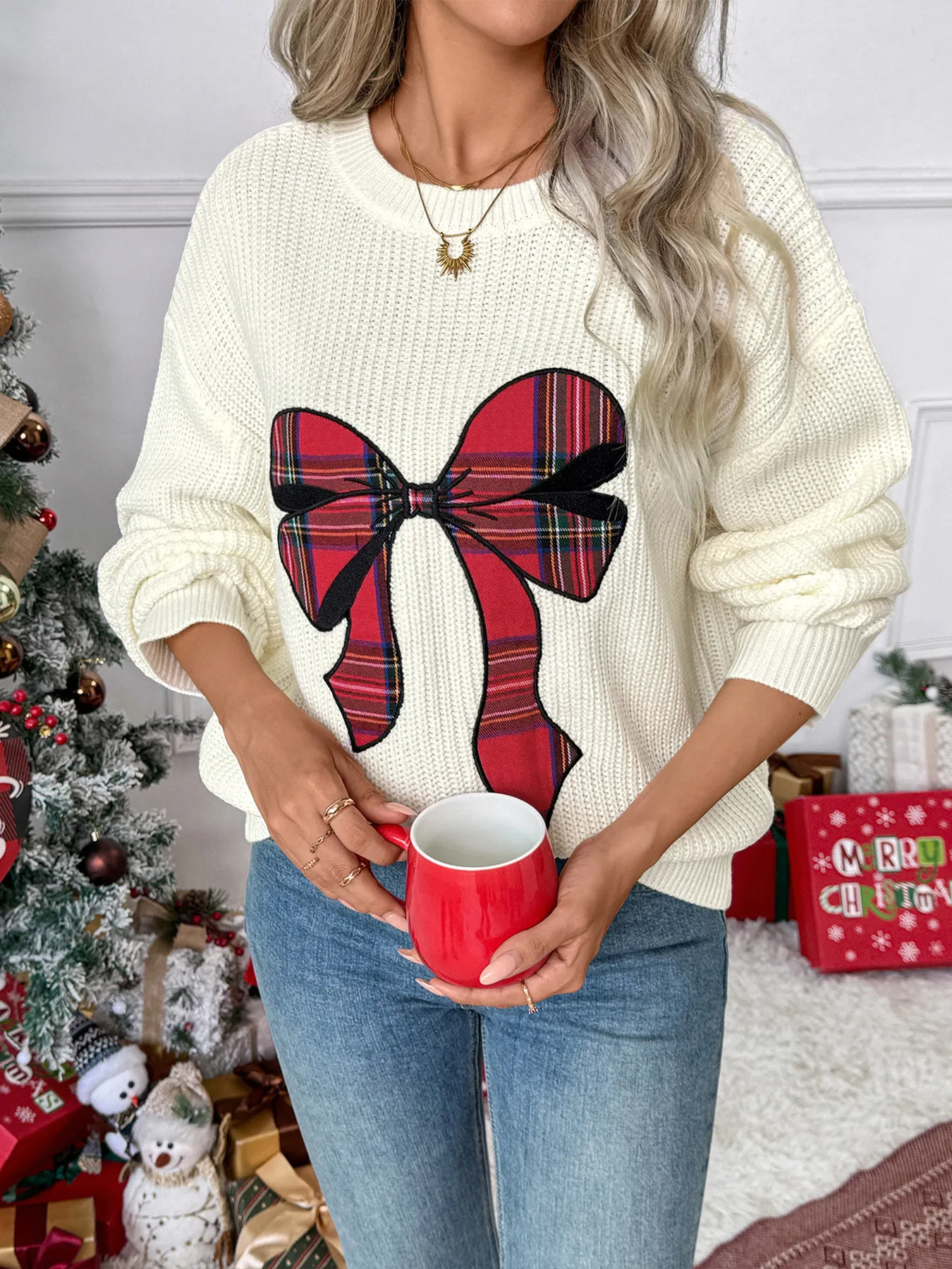 Crewneck Plaid Bow Patchwork Knit Pullover