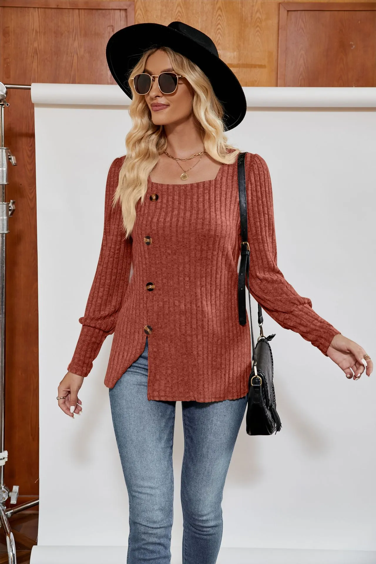 Ribbed Square Neck Puff Sleeve Split Hem Knit Top