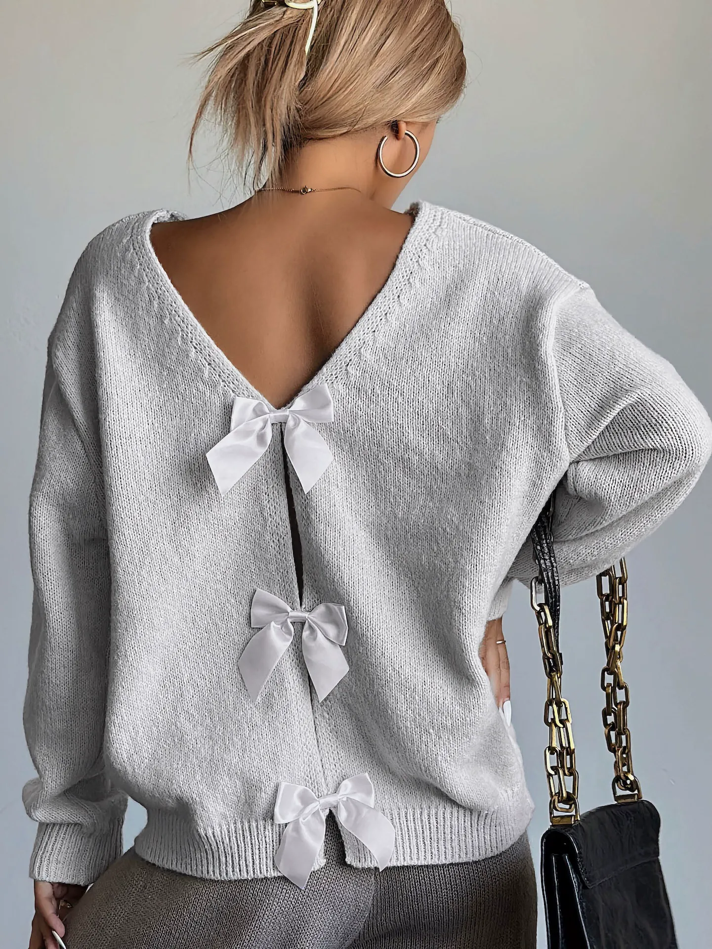 French Style Bow Detail Loose Long Sleeve Knit Sweater