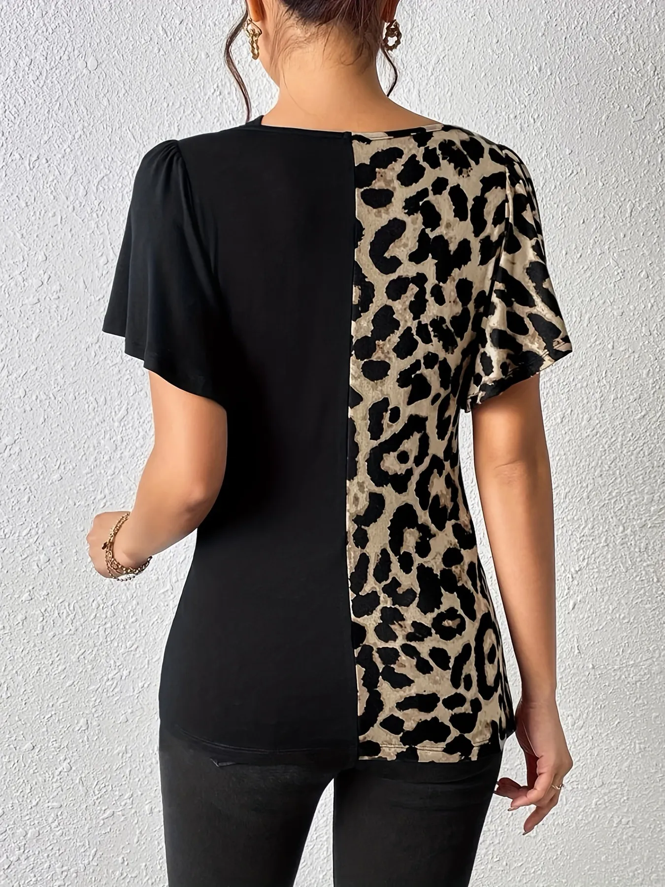 Leopard Print Asymmetrical Neck Butterfly Sleeve Top