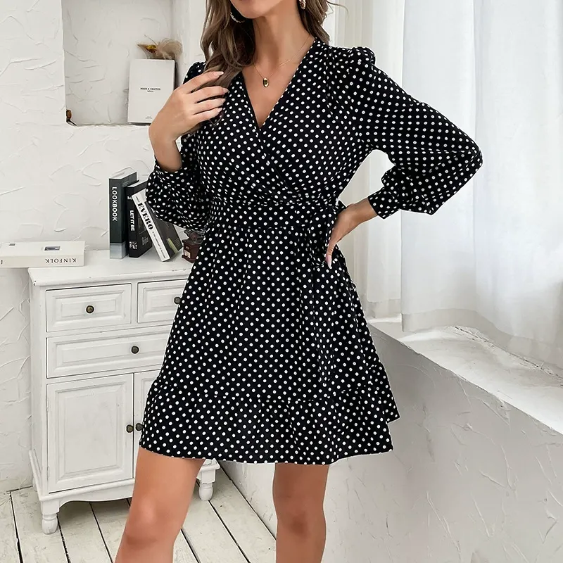Polka Dot Long Sleeve V-Neck Dress