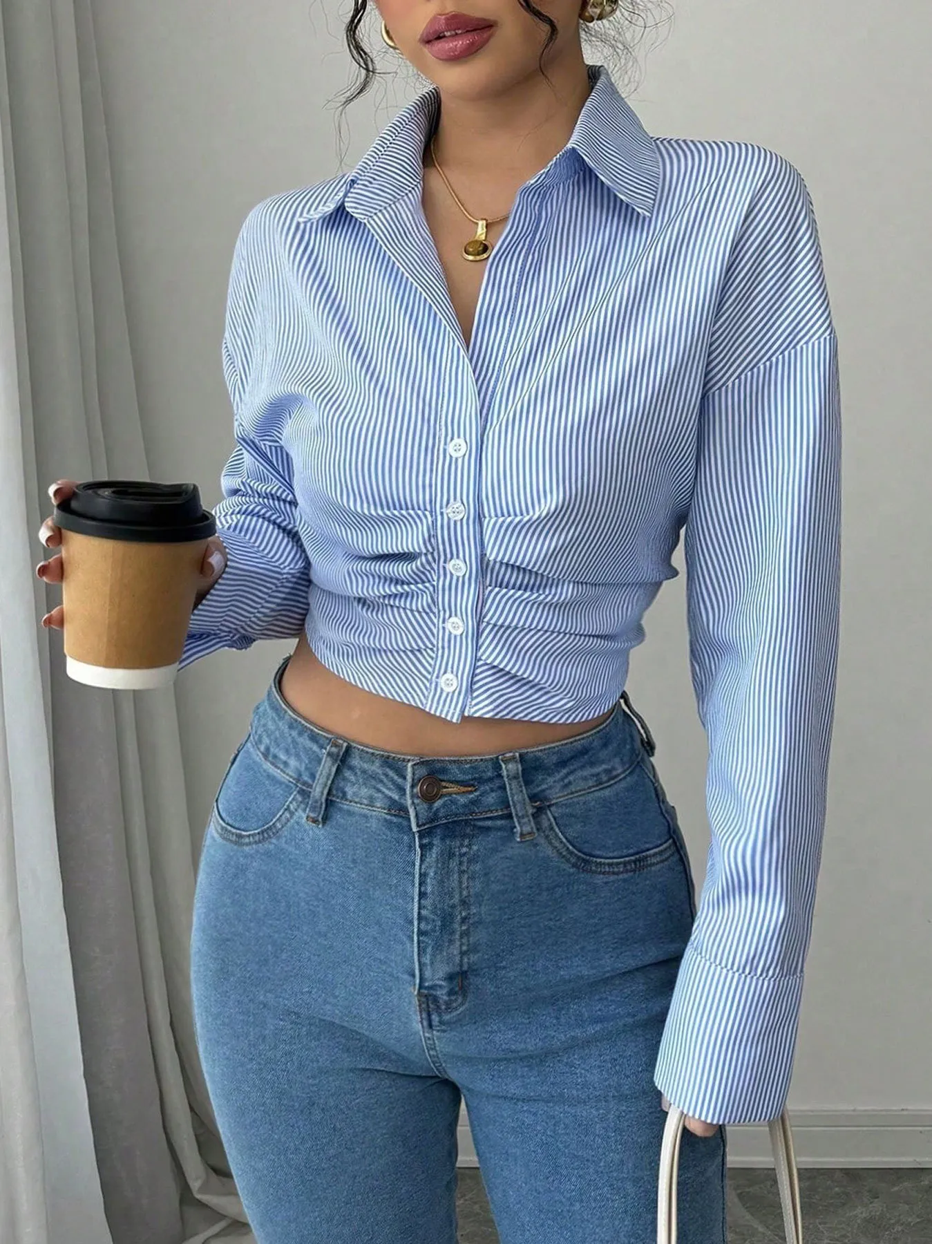 Striped Ruched Loose Long Sleeve Top