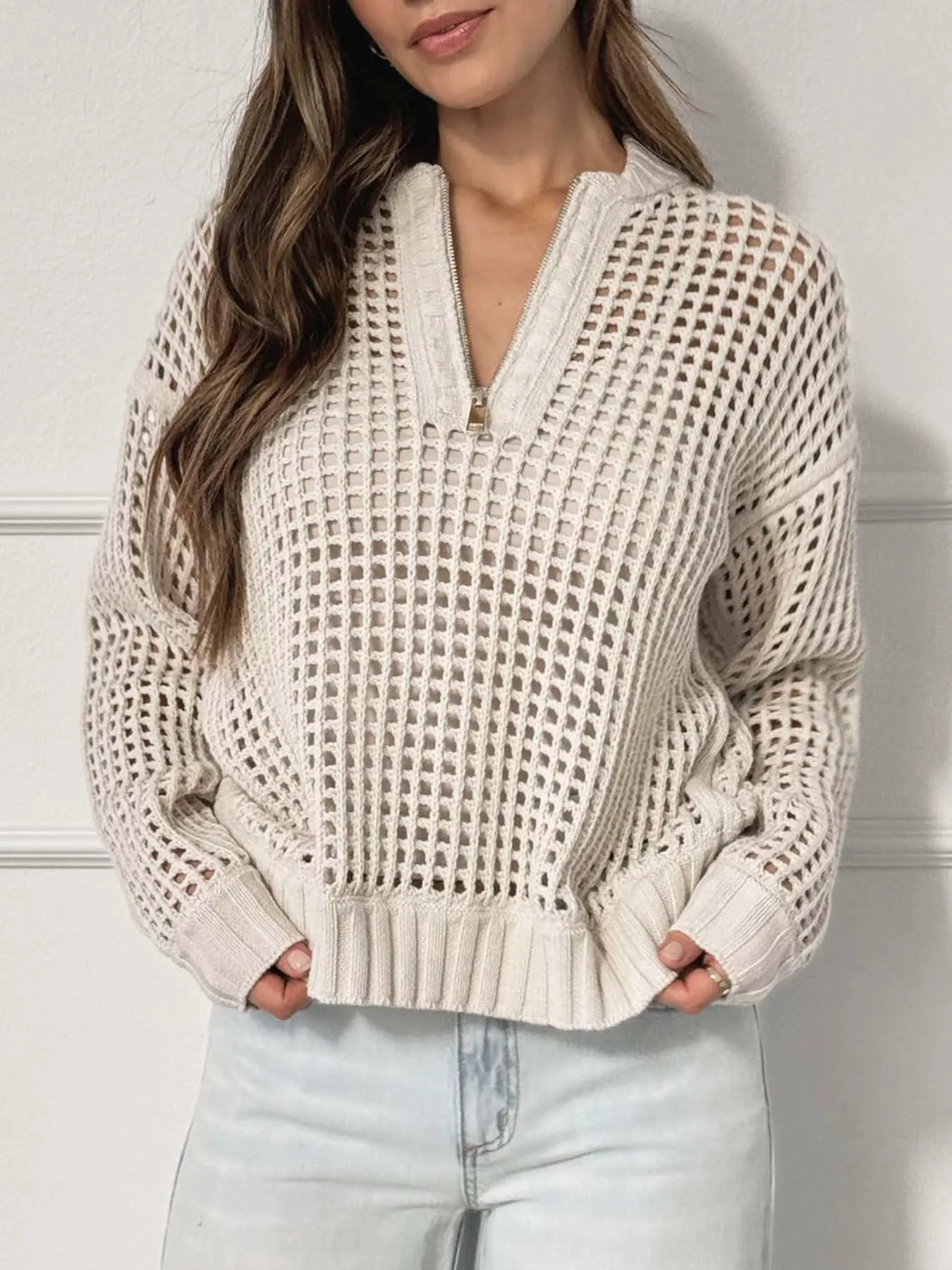 Hollow Out Half-Zip Long Sleeve Pullover Sweater